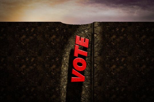 Vote letters falling in the hole demonstrating protesting elections or angry voter concept. 3D illustration