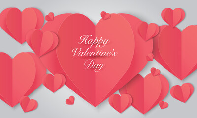 happy valentine's day on red heart decorated with red hearts surrounding gray background vector illustration. Paper cut pattern decoration