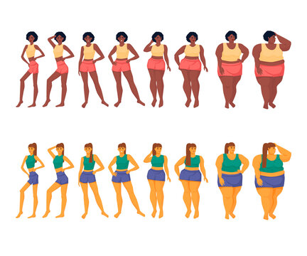 Changing the shape of a woman's body depending on the diet. Anarexia, normal weight, obesity. Set of female figures. Vector illustration isolated on white background.