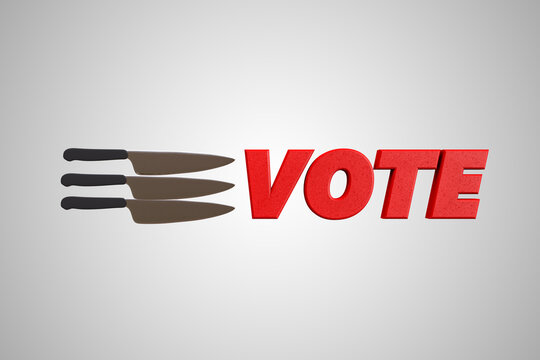 Vote letters with many knives demonstrating protesting elections or angry voter concept. 3D illustration