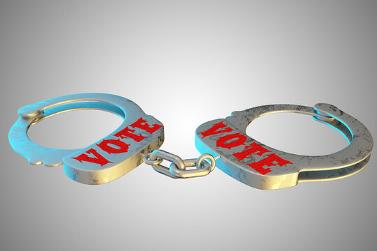 Vote letters on handcuffs demonstrating protesting elections or angry voter concept. 3D illustration