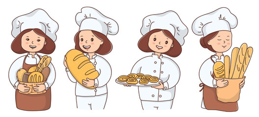 Set with a woman baker. A woman in a chef's uniform and wearing an apron with various baked goods on a white background. The set for the bakery, advertising, website. Vector illustration.