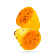 Isolated opuntia fruit. Two sliced yellow prickly pears cactus fruits on white background with clipping path