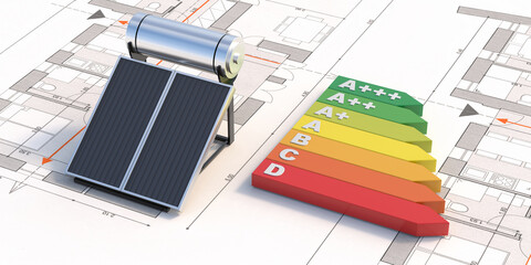 Solar water heater and energy efficiency on project drawings. 3d illustration