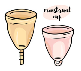 Color illustration of a set of menstrual cups with different tails. Black outline on a white background. Simple doodle style.