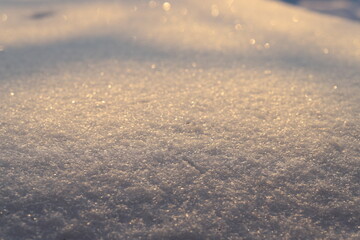 Snow in the sun. Snow on the ground. Sunset in the snow. Golden snow. Snow mix.