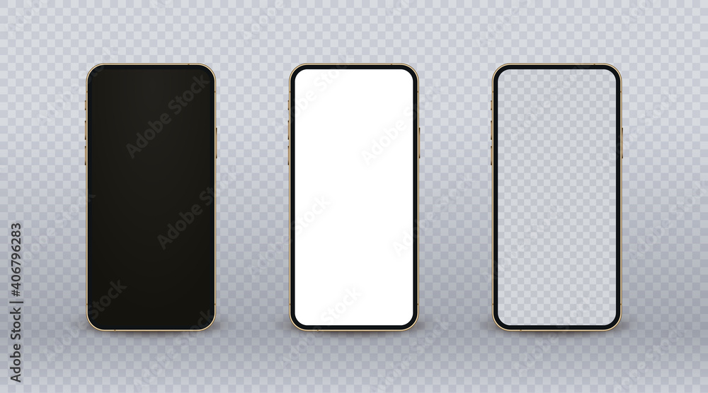 Aufkleber gold smartphone mockup, realistic mobile phone set with modern thin frame and blank screen on transp