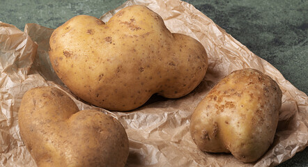 Funny abnormal shape potatoes on parchment paper.Three large potatoes on a dark green background....