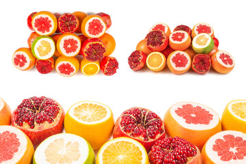 Grapefruit, orange, pomegranate, citrus sweetie on white background.