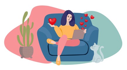 A beautiful girl with a laptop sits on the couch at home. He holds his heart in his hand. The concept of a remote date, a declaration of love. Postcard, invitation, banner, web