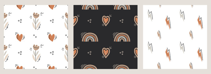 Set of seamless patterns in the style of boho. Rainbows, flowers, birds, lightning. A hand-drawn set of boho style doodles in a modern style. boho clipart for children's room decoration. © Bansen