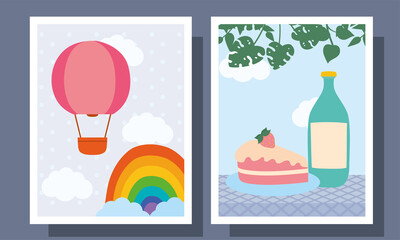 hot air balloon rainbow and picnic icons in frames vector design