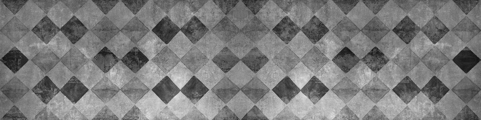 Old black anthracite grey gray white vintage shabby patchwork mosaic tiles wallpaper stone concrete cement wall texture background banner, with rhombus diamond rue lozenge square print