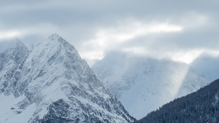 tief verschneite berge mit schnee und nebel im tiefsten winter