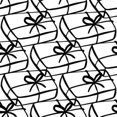 Seamless pattern with illustration of gift boxes in doodling style on white