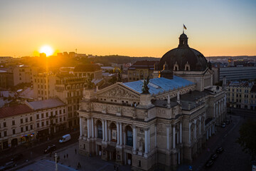 Aerial veiw on Lviv Opera House from drone