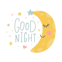 Good night hand drawn poster with moon, heart and stars. Cute characters for baby shower, greeting cards, kid nursery. Hand written quote. Sweet dreams clipart design elements. Vector illustration