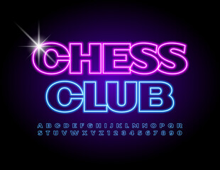 Vector bright emblem Chess Club. Blue Neon Alphabet Letters and Numbers set. Glowing electric Font