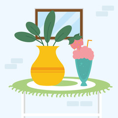 home plant and milkshake on table vector design