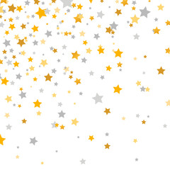 Golden and silver stars falling on white background. Glitter elegant design elements. Gold shooting stars. Magic decoration. Christmas texture. Celebration banner. Vector illustration