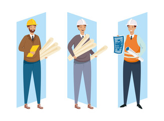 Architects and engineers men with helmets and plans vector design