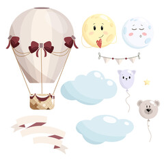 Nursery baby set with hot air balloon, moon, sun, clouds, balloons and ribbon on white background. Children's vector illustrations are made in pastel colors.  Perfect for baby shower. 
