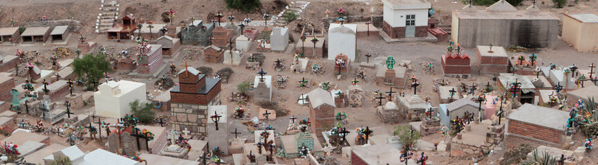Culture and religion. Panorama view of an aboriginal cemetery high in the mountains. The grave and...