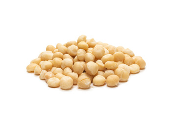 Macadamia nuts isolated on white background.
