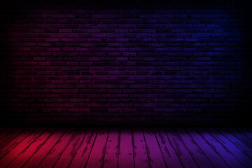 Neon light on brick walls that are not plastered background and wooden floor. Hardwood floor texture of empty brick basement wall.