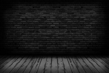Black brick walls that are not plastered background and wooden floor. Hardwood floor texture of empty brick basement wall.