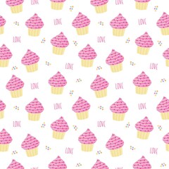 Confetti muffin cupcake love seamless pattern background in pastel colors.