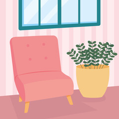 home pink chair plant and window vector design