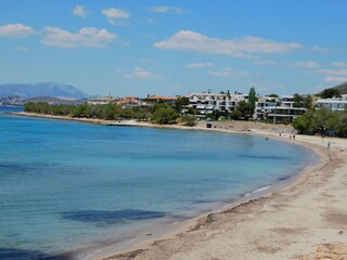 View of the Saronis beach and town in Attica, Greece