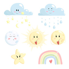 Cute vector set of cartoon clouds, rainbow, full moon, sun and star in a flat style on white background. Baby cute pastel colors. Children background.