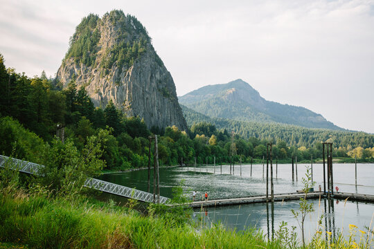 A dock stretches out into the water with a view of mountains and foliage in the background.