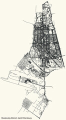 Black simple detailed street roads map on vintage beige background of the neighbourhood Moskovsky District of Saint Petersburg, Russia