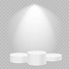 Round stage podiums illuminated with light on transparent background. Vector