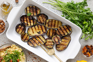 Recipe for Cooking Vegetarian Grill Eggplant with Couscous and Dried Fruit, top view