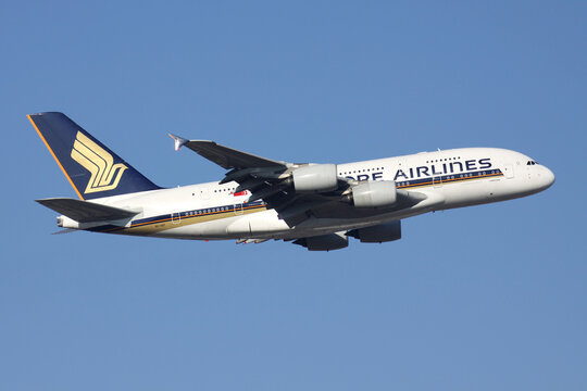 FRANKFURT AM MAIN, GERMANY - FEBRUARY 4, 2012: Singapore Airlines Airbus A380 with registration 9V-SKF airborne at Frankfurt Airport.