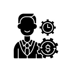 Finance department black glyph icon. Acquiring funds for company. Financial planning. Incoming and outgoing cash flows control. Silhouette symbol on white space. Vector isolated illustration