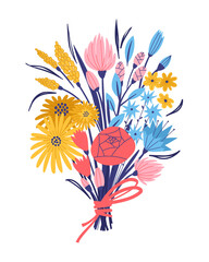 Bouquet illustration: tulip, rose, lilies of the valley, сalendula, aster and other different flowers. Hand drawn vector illustration in doodle style. For web and another print design.