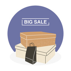 Big sale with shopping boxes and bag vector design