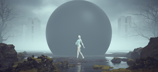 Futuristic Female Walking Pose Alien Landscape Mysterious Black Sphere near a Foggy Abandoned Brutalist Style Architecture in the Distance 3d illustration render