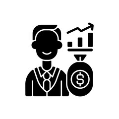 Investor black glyph icon. Investing money into financial schemes, property. Allocating capital. Receiving financial returns. Silhouette symbol on white space. Vector isolated illustration