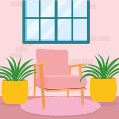home pink chair plants and window vector design