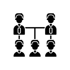 Organic company structure black glyph icon. Horizontal interactions among employees. Flat reporting hierarchy. Leadership and personnel. Silhouette symbol on white space. Vector isolated illustration