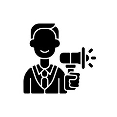 Advertising department black glyph icon. Creating and handling ads. Promotion and marketing. Influencing target audience attitudes. Silhouette symbol on white space. Vector isolated illustration