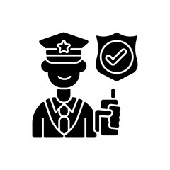 Service staff black glyph icon. Machine maintenance, building repairs. Security guard. Office cleaning. Patrolling, monitoring premises. Silhouette symbol on white space. Vector isolated illustration