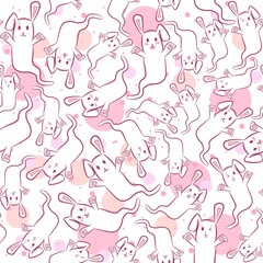 Fototapeta na wymiar Pink seamless pattern with pink rabbits for kids. Repetitive background with rabbit spirits with different facial expressions. Kawaii Halloween animals for children clothes.