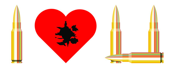 vector illustration in flat design on love and valentine's day theme for sports shooting lovers. declaration of love made of cartridges and a heart-shaped target. all elements are isolated.